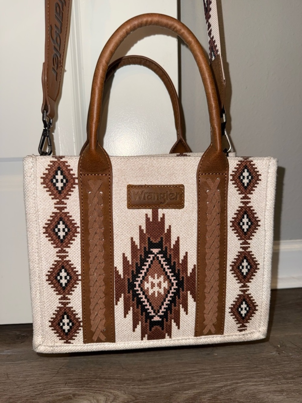 Wrangler Cream and Brown Aztec Canvas Tote with Leather Trim